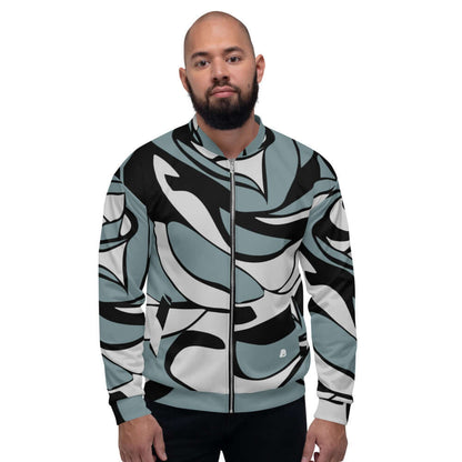 Model wearing stylish Unisex Bomberjacke N°18 with all-over pattern, perfect for any outfit and comfortable unisex fit.