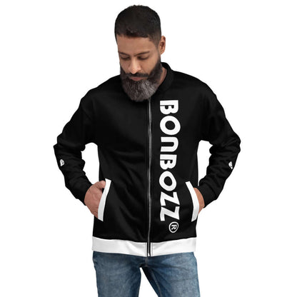 Man wearing Unisex Bomberjacke N°19 with BONBOZZ branding and fleece interior, paired with jeans and a casual pose.