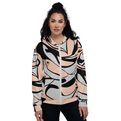 Model wearing Unisex Bomberjacke N°20 with all-over abstract design, showcasing versatile fashion style.