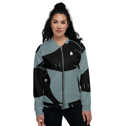 Unisex Bomberjacke N°23 in stylish black and grey design worn by model, perfect for any outfit.