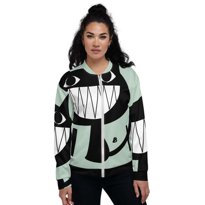 Model wearing stylish Unisex Bomberjacke N°24 with a graphic design, showcasing its modern and bold look.