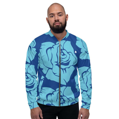 Model wearing Unisex Bomberjacke N°26 with blue floral print, showcasing its modern unisex design.