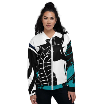 Model wearing Unisex Bomberjacke N°29 with bold black and turquoise pattern.