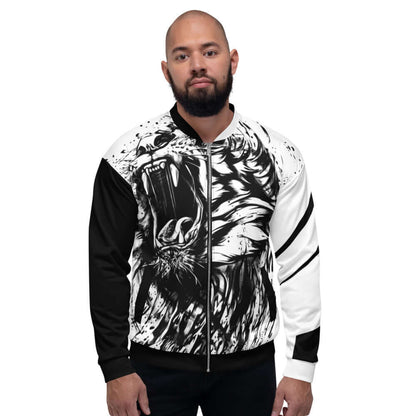 Unisex Bomberjacke N°31 with a vibrant black and white lion print, worn by a man, highlighting stylish design and fleece interior.