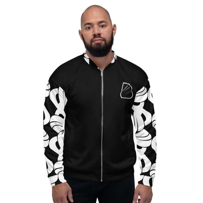 Model wearing Unisex Bomberjacke N°32 with black and white pattern, showcasing the stylish design and relaxed fit for any outfit.