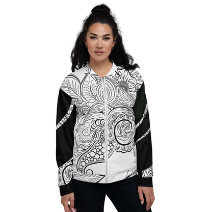 Model wearing Unisex Bomberjacke N°33 with black and white paisley design