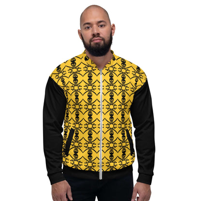 Model wearing Unisex Bomberjacke N°35 with yellow and black design, showcasing relaxed unisex fit and stylish pattern.
