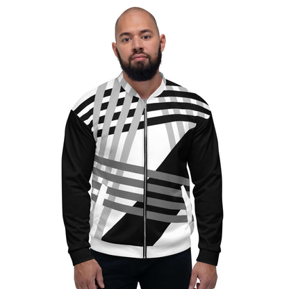 Model wearing Unisex Bomberjacke N°37 with black and white geometric design.