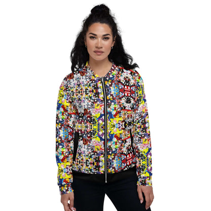 Colorful print Unisex Bomberjacke N°38 worn by a model showcasing vibrant fashion