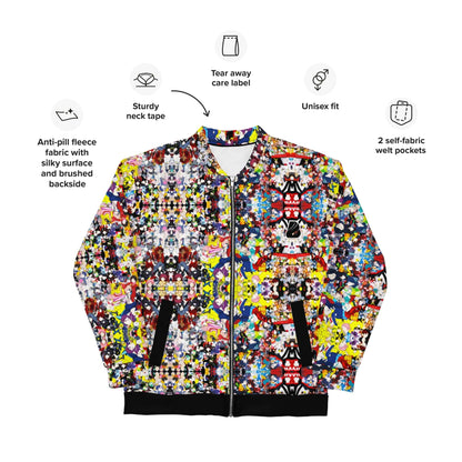Vibrant Unisex Bomberjacke N°38 with colorful pattern, showcasing fleece lining, sturdy neck tape, and unisex fit.