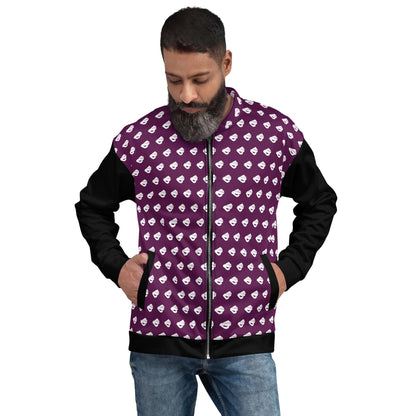 Model wearing Unisex Bomberjacke N°39 with purple and black design, showcasing stylish casual outfit, perfect for any season.