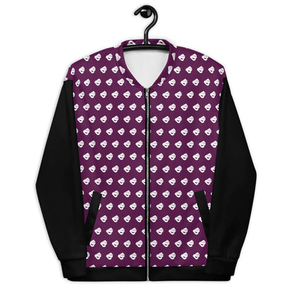 Unisex Bomberjacke N°39 with fleece interior, purple pattern and black sleeves, must-have versatile jacket hanging on hanger.
