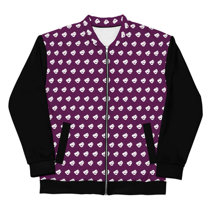 Unisex Bomberjacke N°39 mit lila Muster und schwarzem Ärmel, vielseitige Jacke mit Fleece-Innenseite für alle Outfits.