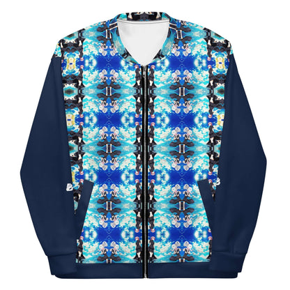 Unisex Bomberjacke N°40 with vibrant blue pattern and navy sleeves, perfect for layering with T-shirts or hoodies. Must-have wardrobe addition.