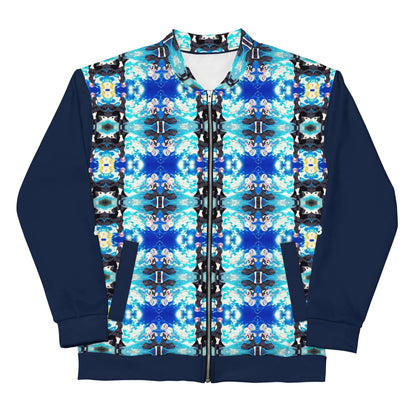 Unisex Bomberjacke N°40 with vibrant blue and black pattern, ideal for layering over casual and warm outfits.