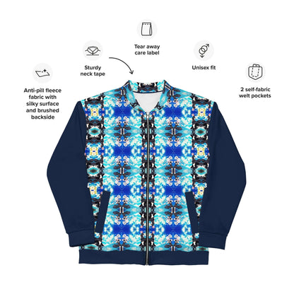 Unisex Bomberjacke N°40 with blue pattern, tear-away label, fleece interior, and unisex fit, showcasing features like sturdy neck and self-fabric pockets.
