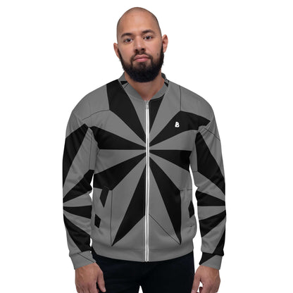 Model wearing Unisex Bomberjacke N°41 with geometric design and fleece interior, perfect for styling over t-shirts and hoodies.
