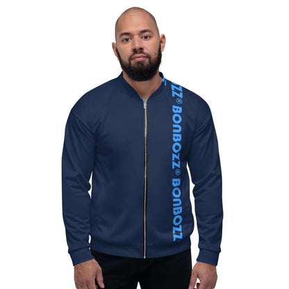 Unisex Bomberjacke N°42 worn by model, navy blue with side logo, casual and stylish, suitable for layering, polyester material.