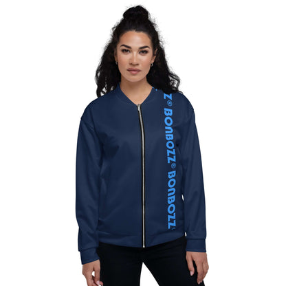 Unisex Bomberjacke N°42 in navy blue with side lettering, worn by model, showcasing casual and versatile outerwear.