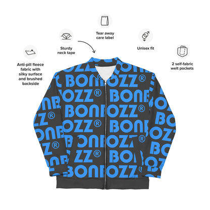 Unisex Bomberjacke N°43 with blue and black design, sturdy neck tape, unisex fit, fleece fabric, and two pockets for versatile wear.