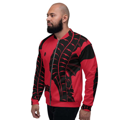 Model wearing Unisex Bomberjacke N°0 with red and black dragon design, showcasing stylish look with fleece inside and loose fit.