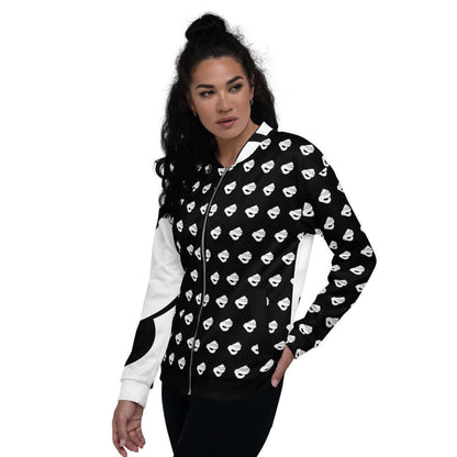 Unisex Bomberjacke N°1 worn by a model, black and white design, perfect for casual and stylish looks