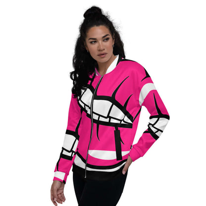 Model wearing vibrant pink Unisex Bomberjacke N°2 with black and white abstract design, highlighting its unique style and comfortable fit.