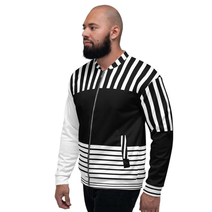 Person wearing Unisex Bomberjacke N°3 with black and white striped design, showcasing stylish unisex fashion.
