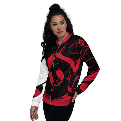 Model wearing Unisex Bomberjacke N°4 in vibrant red and black print, showcasing stylish design and versatility.