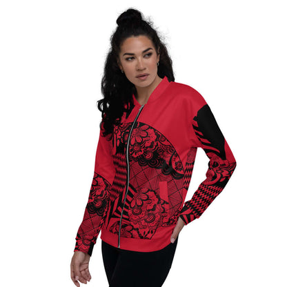 Woman wearing Unisex Bomberjacke N°6 with red and black design, featuring brushed fleece interior and relaxed fit, perfect for any outfit.