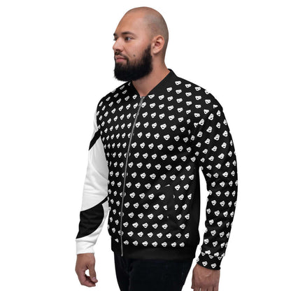 Model wearing Unisex Bomberjacke N°7 with black and white pattern, showcasing its stylish design and versatile fit for any wardrobe