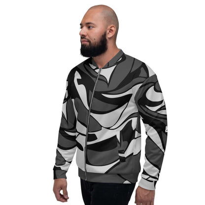 Unisex Bomberjacke N°10 with abstract black and white pattern, comfortable fit, perfect for stylish layering with various outfits.