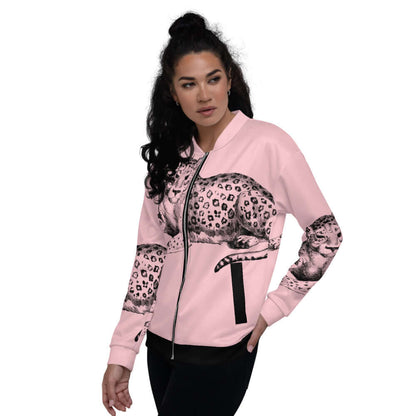 Woman wearing Unisex Bomberjacke N°13 with pink wildcat design, standing confidently.