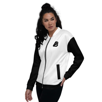 Woman wearing Unisex Bomberjacke N°16 with black and white design, showing casual and stylish fit.