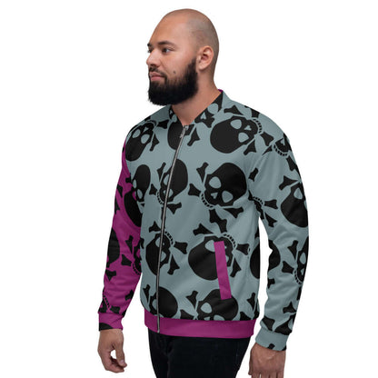 Man wearing Unisex Bomberjacke N°17 with skull print in pink and black on a gray background, showcasing casual style and versatility.