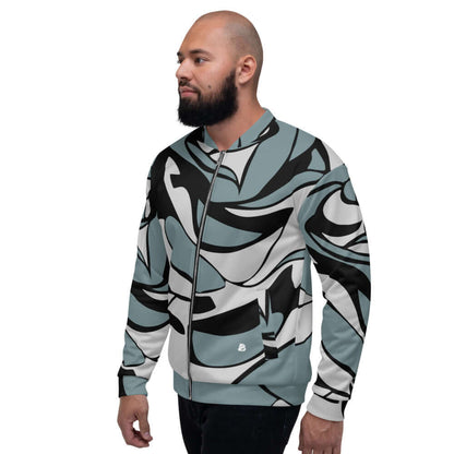Model wearing Unisex Bomberjacke N°18 with abstract print, fleece interior, and relaxed fit for versatile style.