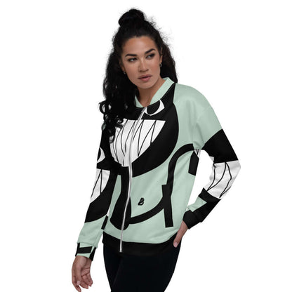 Model wearing Unisex Bomberjacke N°24 with graphic design, showcasing versatile fashion and comfortable unisex fit.