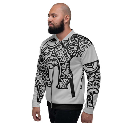 Man wearing Unisex Bomberjacke N°25 with intricate black and white design and fleece interior for stylish look.