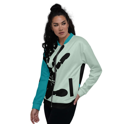 Model wearing Unisex Bomberjacke N°27 with graphic print, showcasing versatile style and fleece inside.