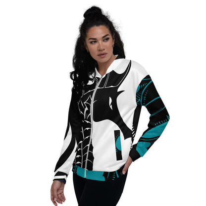 Unisex Bomberjacke N°29 with bold graphic design, worn by a woman, perfect for layering with T-shirts or hoodies, featuring a relaxed fit.