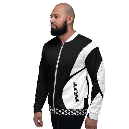 Person wearing Unisex Bomberjacke N°30 in black and white design, showcasing stylish and versatile outerwear with a comfortable fit.
