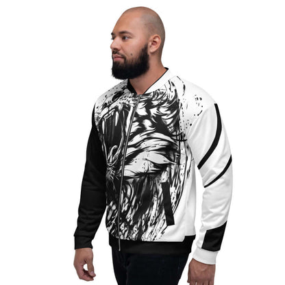 Person wearing Unisex Bomberjacke N°31 with black and white graphic design.