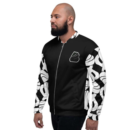 Model wearing Unisex Bomberjacke N°32 with black and white pattern, showcasing stylish and versatile unisex outerwear.