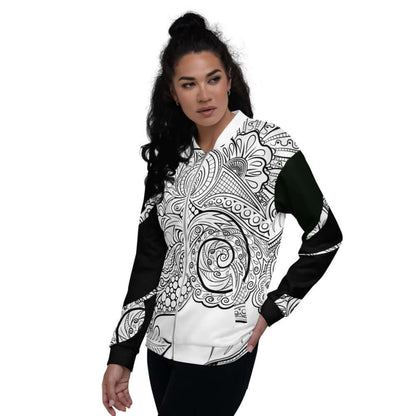 Model wearing Unisex Bomberjacke N°33, stylish black and white design, perfect for casual or warm layered outfits, 100% polyester.