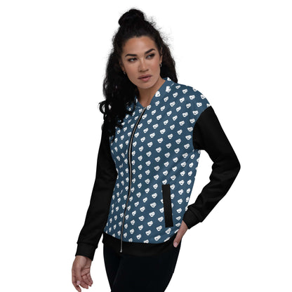 Model wearing Unisex Bomberjacke N°36 with patterned design and black sleeves, showcasing unisex fit and style.