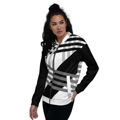 Woman wearing Unisex Bomberjacke N°37 with black and white geometric pattern, highlighting its stylish design and comfortable fit.