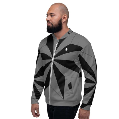Unisex Bomberjacke N°41 in grey with black geometric pattern, featuring fleece interior and relaxed fit.