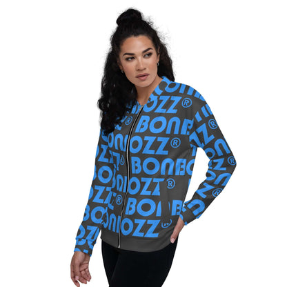 Model wearing Unisex Bomberjacke N°43 with blue lettering on black fabric.