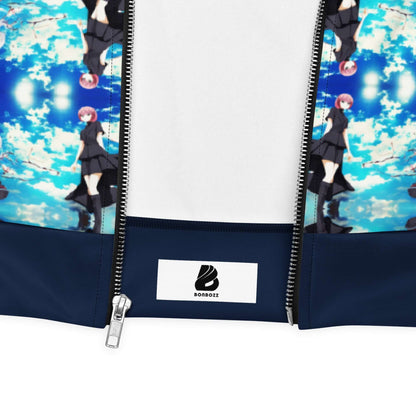Unisex Bomberjacke N°40 with anime and sky design, showcasing zipper detail and artistic print style.