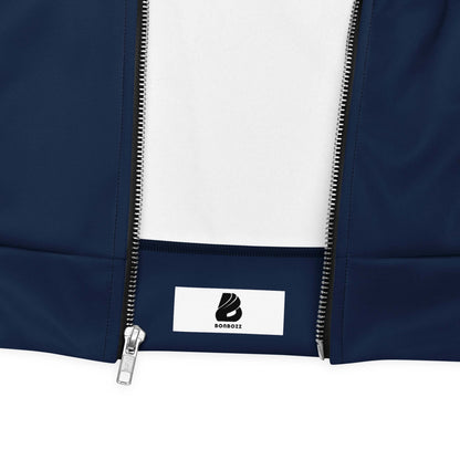 Unisex Bomberjacke N°42 close-up showing zipper and logo detail, highlighting stylish design and quality materials.